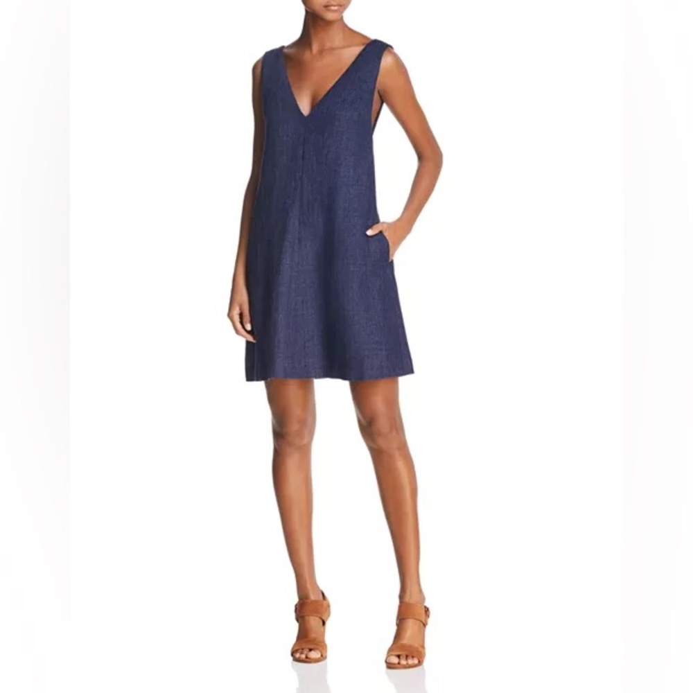 Theory V-NECK SLEEVELESS A-LINE INTEGRATE LINEN DRESS IN DENIM Blue MELANGE S